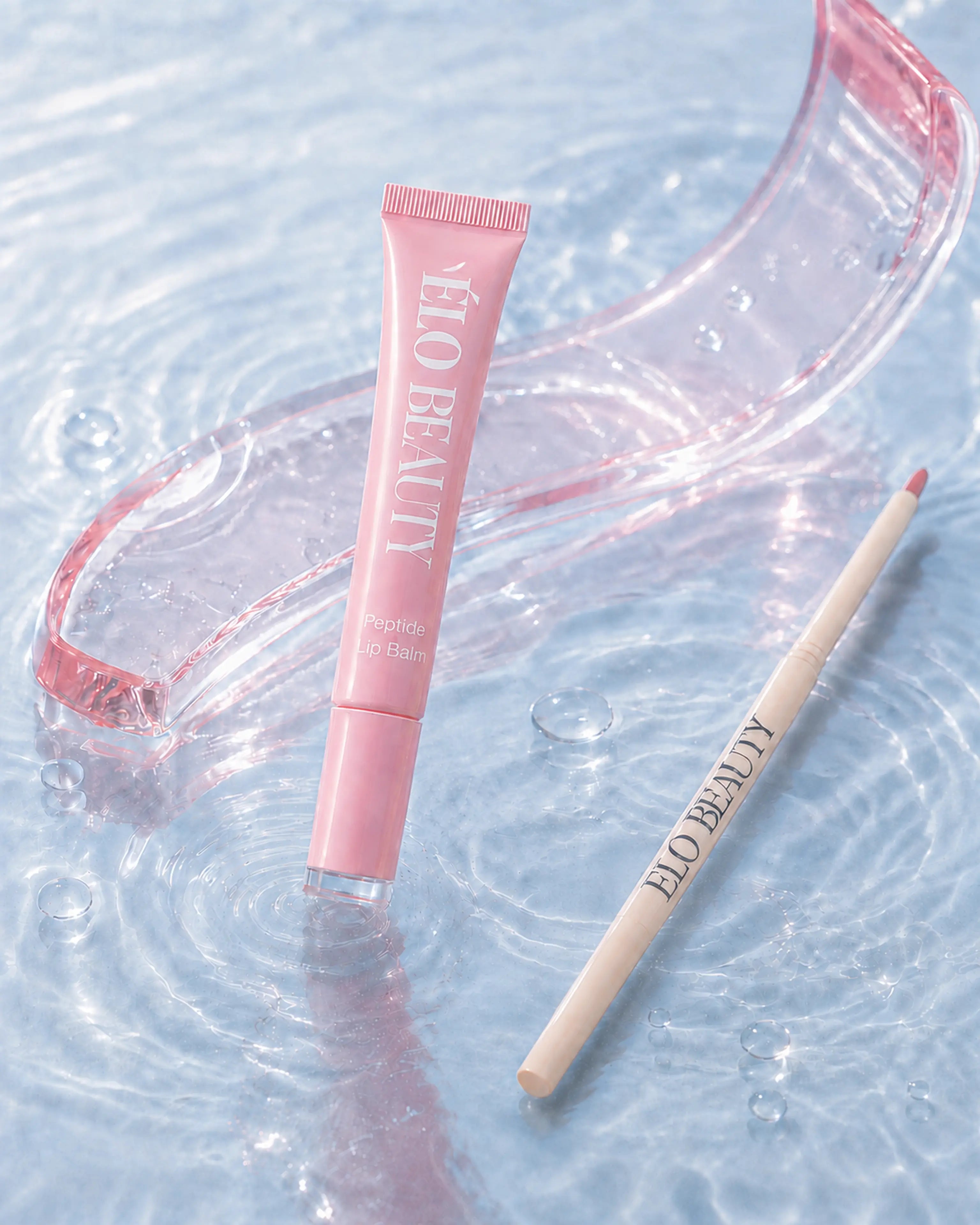 ÉLO peptide lip balm in a fresh blue campaign setting